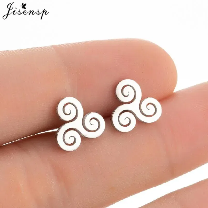 Metal Color: Blue white zinc plated, Main Stone Color: Black - Cartoon The Movie Teen Wolf Triskele Triskelion Inspired Earrings Punk Stainless Steel Jewelry Triple Spiral Ear Studs Women Men