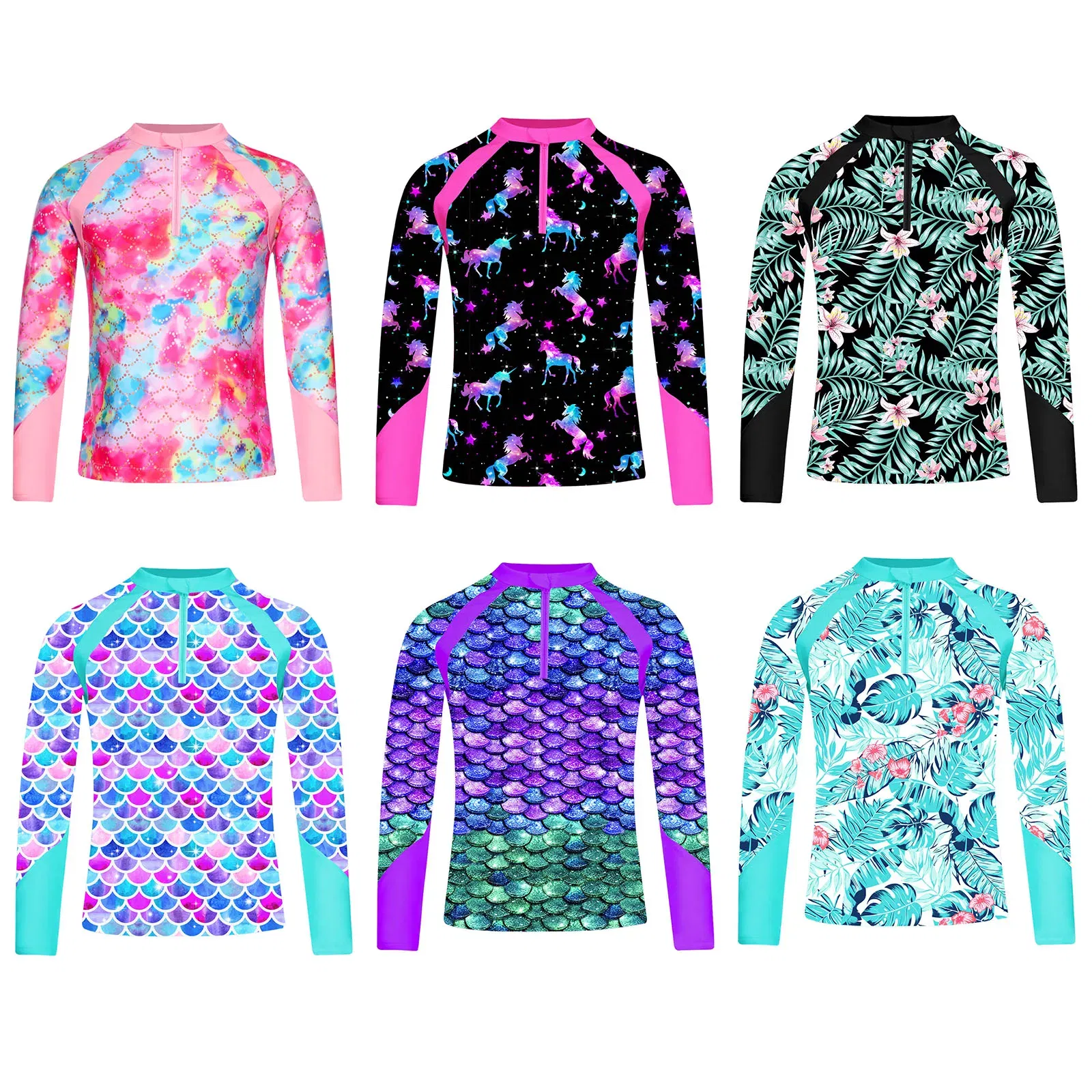 Color: Blue, Kid Size: 24M - Kids Girls Swim Top Floral Printed Rash Guard T Shirt Mock Neck Long Sleeve Pool Party Beachwear UPF 50+ Surfing Bathing Tops