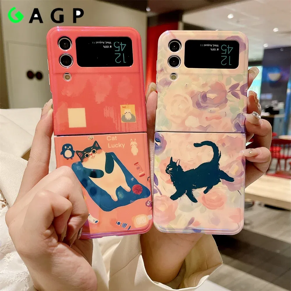 Material: Canvas, Color: Sky blue - Cute Lazy Cat Deer Oil Painting Z Flip 3 4 5 Case Luxury for Samsung Galaxy Z Flip 4 3 5 Z4 Flip4 Flip3 Flip5 Fashion Cover