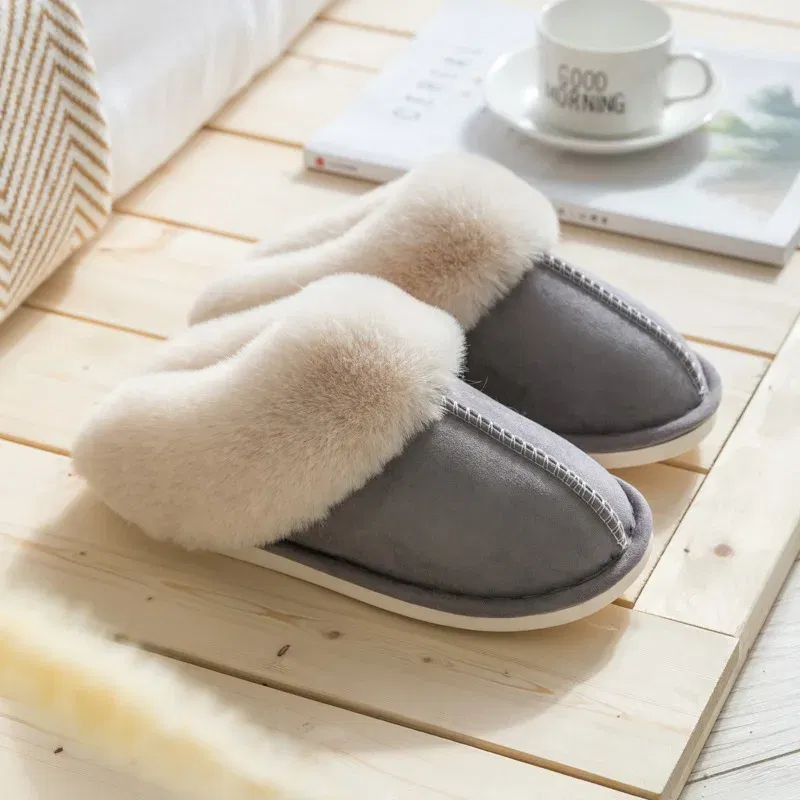 Color: GRAY, Shoe Size: 36 - Women's Faux Fur Slippers 2024 New Warm Thicked Plush Bedroom Sandals Woman Comfort Soft Sole Home Couple Winter Shoes Slides