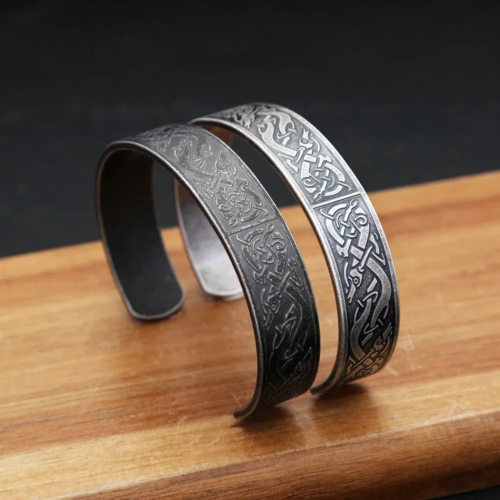 Metal Color: Imitation Rhodium Plated - Nordic Viking Dragon Totem Bracelet Punk Stainless Steel Opening Bangles For Men Women Fashion Amulet Jewelry Gifts Dropshipping