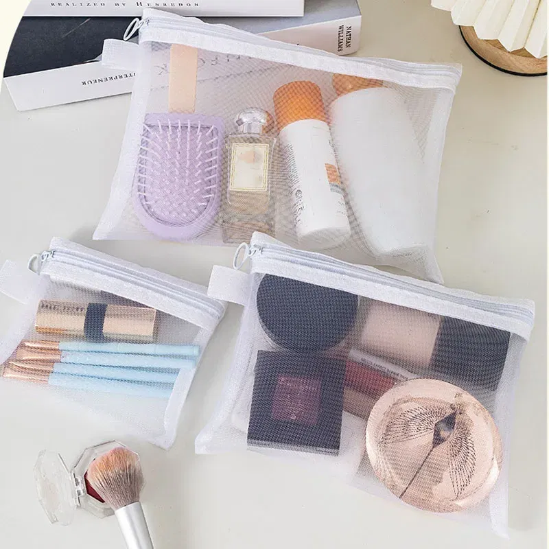 Color: Gold - Fashion Small Large Black Organizer Toiletry and Makeup Pouch Transparent Mesh Zipper Cosmetic Bag Women Necessary Organizer