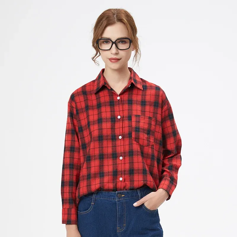 Color: green, Size: S - Fresh Flannel Plaid Shirt Women 2024 New Female Blouses and Tops Cotton Loose Long Sleeve Casual Shirts Fine Women's Clothes