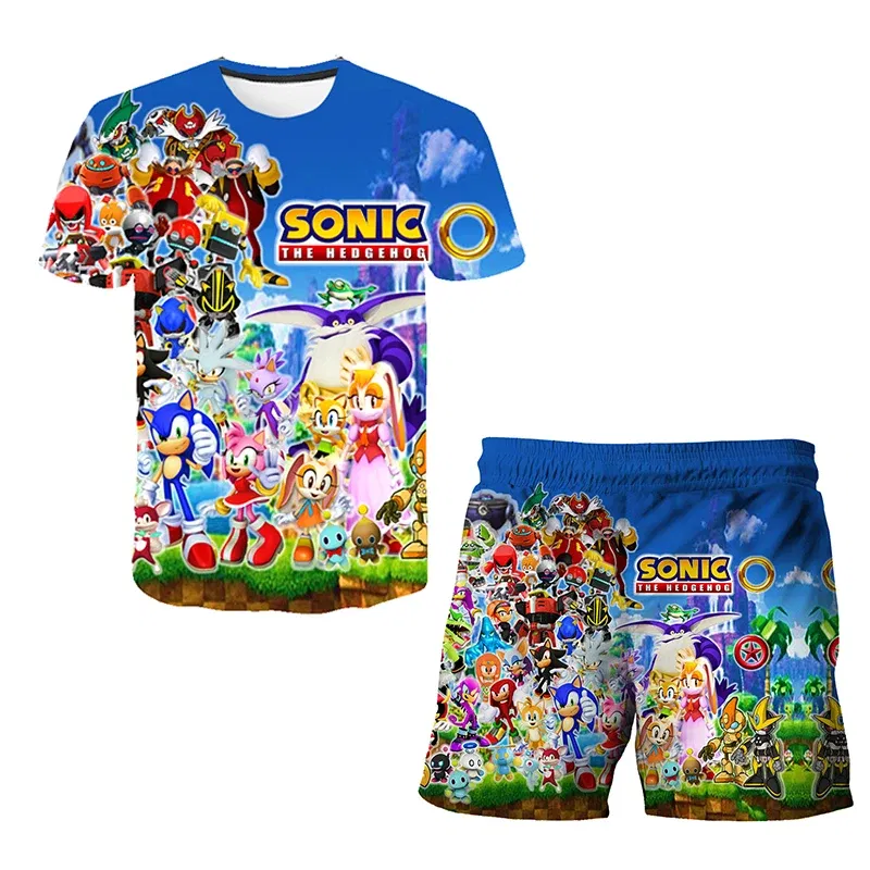 Color: DEEP BLUE, Size: 12" - New Japanese cartoon Sonic T-shirt children's top T-shirt shorts two-piece set summer boy cartoon cute T-shirt+beach pants