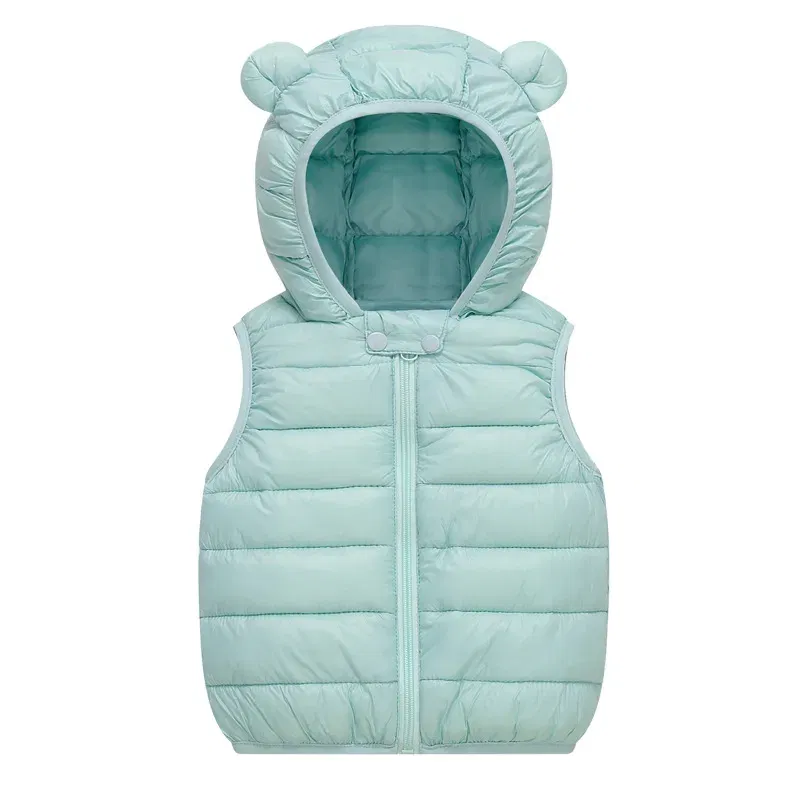 Color: green, Kid Size: 4T - Baby Boys Girl Warm Down Vest Toddler Cotton Waistcoat Children Autumn and Winter Clothes Kids Hooded Jackets 1-6 Years Old