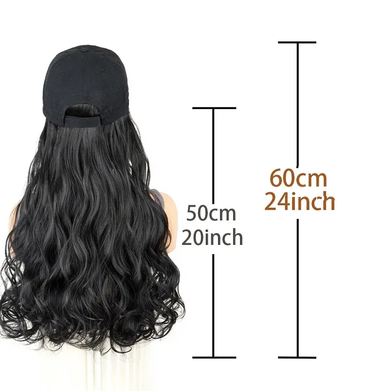 Color: #2 - 20Inch Synthetic Long Curly Hat Wig Baseball Cap Black Brown Hairpiece Adjustable Hat Wigs for Women