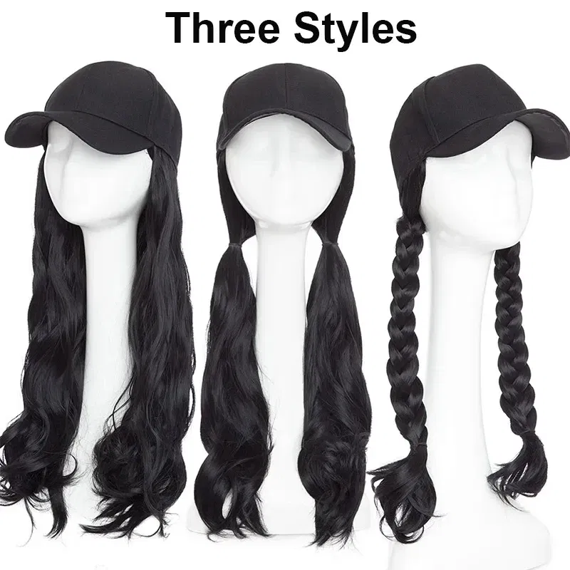 Color: #2 - 20Inch Synthetic Long Curly Hat Wig Baseball Cap Black Brown Hairpiece Adjustable Hat Wigs for Women