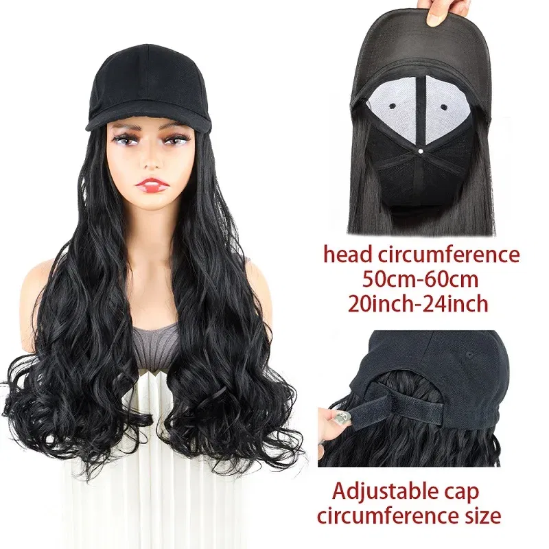 Color: #2 - 20Inch Synthetic Long Curly Hat Wig Baseball Cap Black Brown Hairpiece Adjustable Hat Wigs for Women