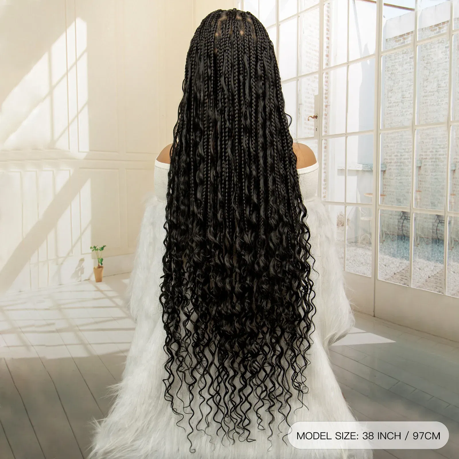 360?° HD Full Lace Synthetic Braided Wigs for Women Knotless Boho Braids Wig Box Braid Wig with Boho Curls Blended Braiding Wigs