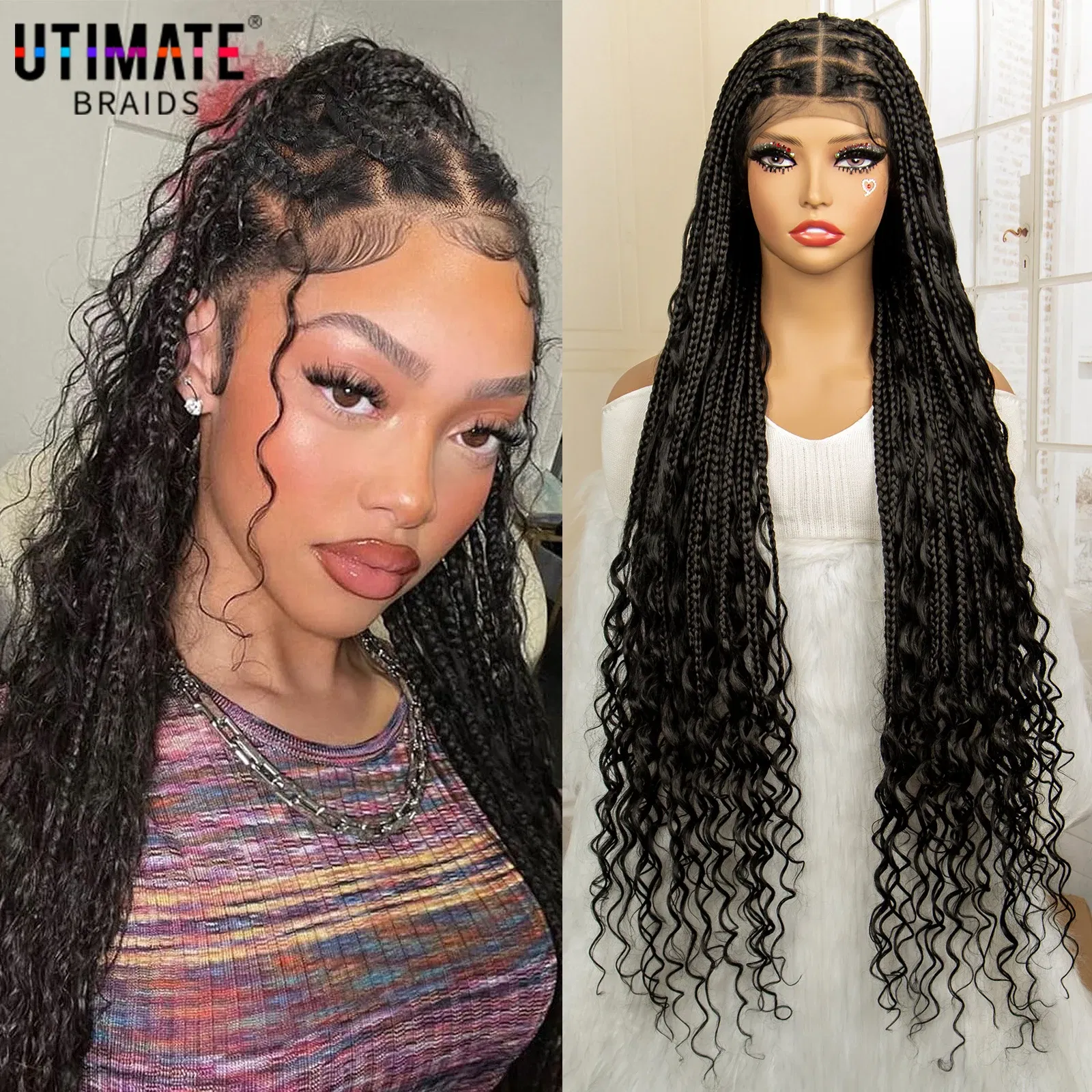 360?° HD Full Lace Synthetic Braided Wigs for Women Knotless Boho Braids Wig Box Braid Wig with Boho Curls Blended Braiding Wigs