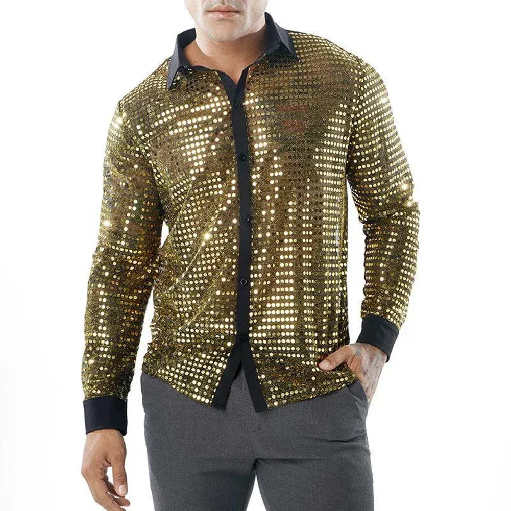 Color: Beige, Size: XXL, Ships From: CHINA - 2023 Fashion Mens Sparkly Sequins Party Dance Shirts Retro 70s Disco Nightclub Shirt Tops Single Breasted Performance Clothing
