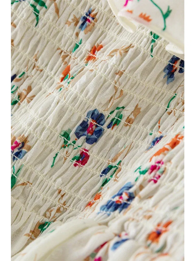 Color: Beige, Size: S - FSLE Square Neck Women Loose 100% Cotton Long Dresses Puff Sleeve Country Style Floral A-LINE Skirts Summer Female Sweet Dress