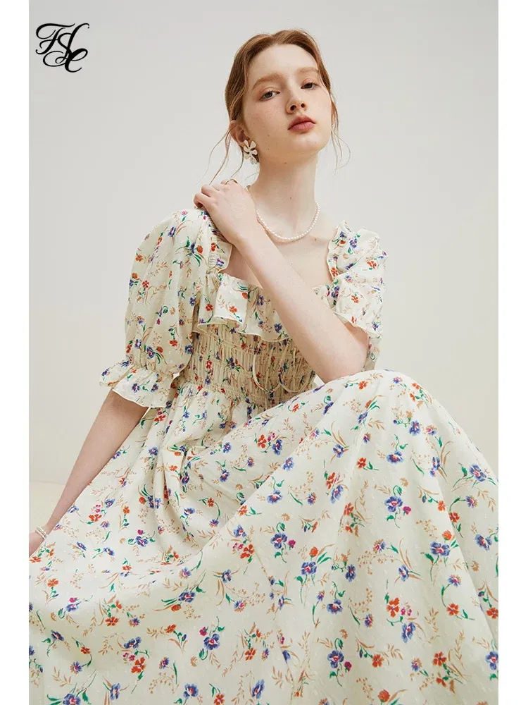 Color: Beige, Size: S - FSLE Square Neck Women Loose 100% Cotton Long Dresses Puff Sleeve Country Style Floral A-LINE Skirts Summer Female Sweet Dress