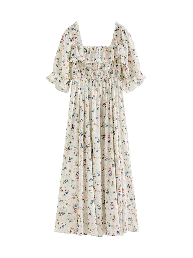 Color: Beige, Size: S - FSLE Square Neck Women Loose 100% Cotton Long Dresses Puff Sleeve Country Style Floral A-LINE Skirts Summer Female Sweet Dress
