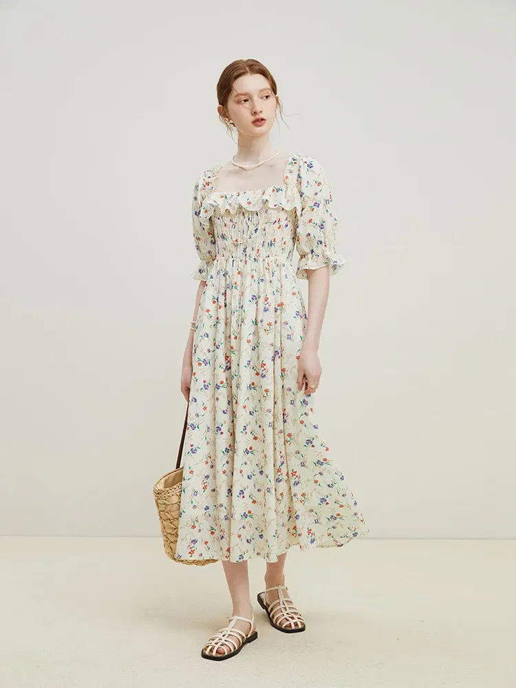 Color: Beige, Size: S - FSLE Square Neck Women Loose 100% Cotton Long Dresses Puff Sleeve Country Style Floral A-LINE Skirts Summer Female Sweet Dress