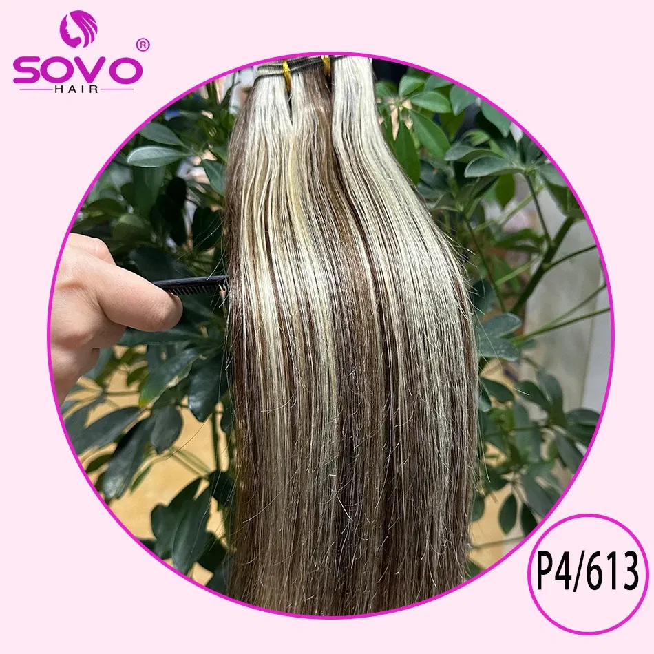Color: P4/6/27, Length: 14 inches - SOVO Clip In Hair Extensions Human Hair 3 Pieces Bone Straight Clip Ins Hair Extension 60-90G Real Natural European Hair 12-26"
