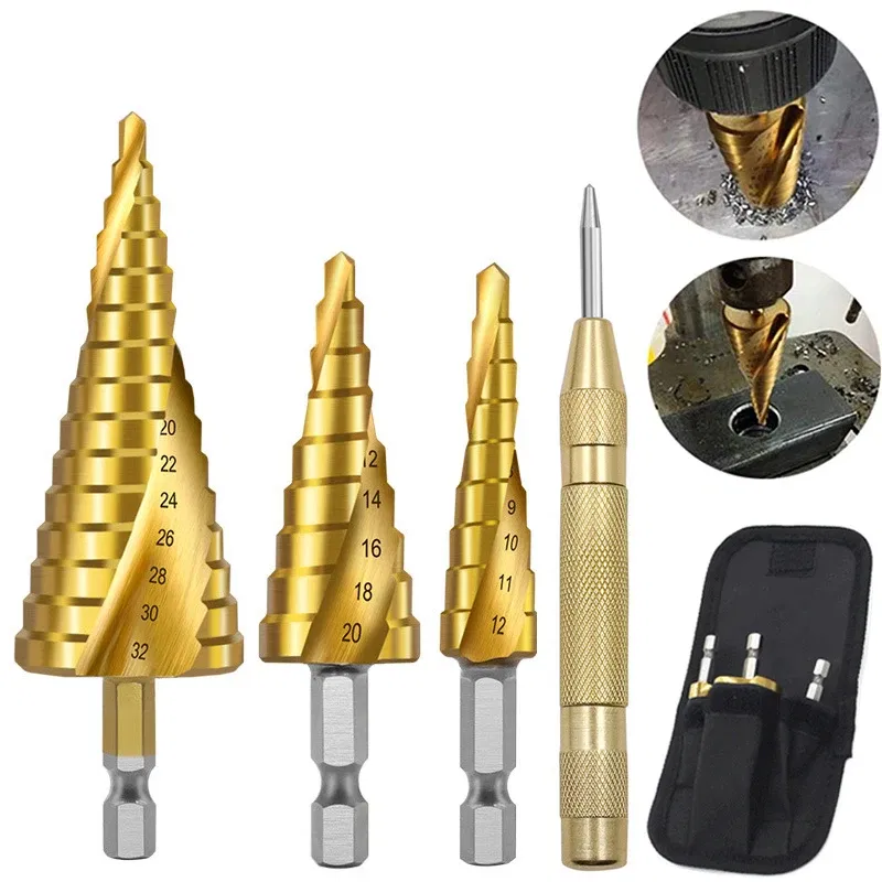 Color: WHITE - 3pcs Spiral Grooved Drill Bits 3-12 4-12 4-20 Drilling Power Tool Metal Stainless Steel Wood Hole Cutter Cone Fast Drill Bit Set