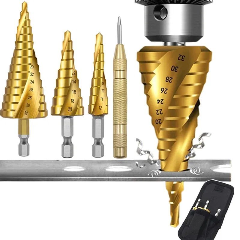 Color: WHITE - 3pcs Spiral Grooved Drill Bits 3-12 4-12 4-20 Drilling Power Tool Metal Stainless Steel Wood Hole Cutter Cone Fast Drill Bit Set