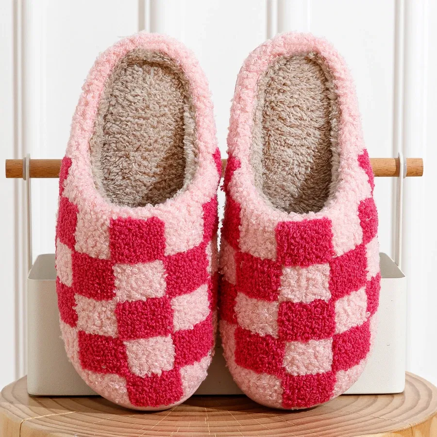 Color: Blue, Shoe Size: 37-38 - Fashion Retro Checker Women's Winter Warm Home Slippers Couple Indoor Bedroom Plush Anti-slip Soft Sole Leisure Shoes Men