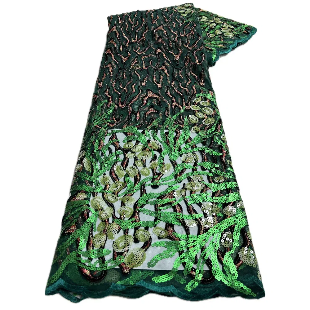 Color: Turquoise, Length: 5 yards, Width: 120cm - 2025 African Nigerian Tulle Lace Fabric Sequins Sewing Guipure Beads Stone Embroidery Dresses High Quality 4 Yards