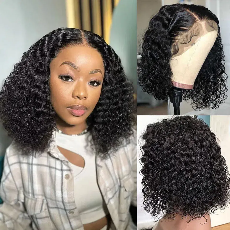 Hair Color: #4, Stretched Length: 14inches, Density: 180% - Glueless Brazilian Hair Wigs Bob Wig Human Hair 13x4 Lace Frontal Wig Human Hair Natural Remy Short Curly 4X4 Lace Closure Wigs
