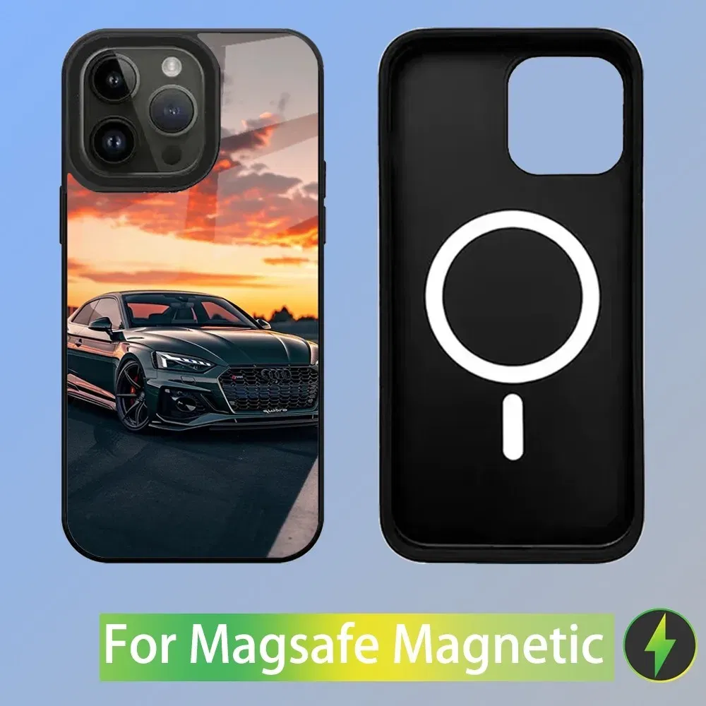 Color: Gold, Material: leather - R-S 6 7 sport car Phone Case For iPhone 16,15,14,13,12,11,Plus,Pro,Max Mini A-AudiS-S Magsafe Magnetic Wireless Charging