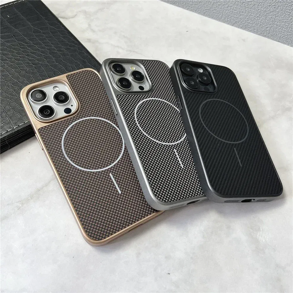 Color: Beige, Compatible-Phone Models: For iPhone 14 Pro Max - Carbon Fiber Textured Magnetic Phone Case For iPhone 16 Pro Max 15 14 13 12 Shockproof Soft Cover For Magsafe Wireless Charging