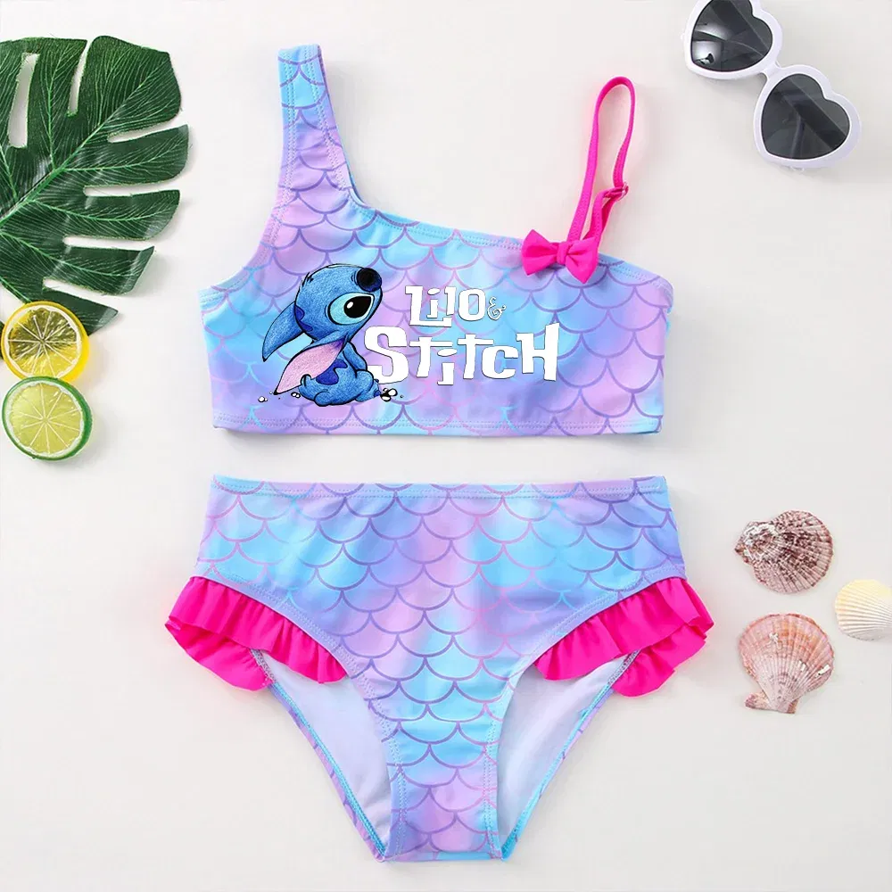 Color: Dark Grey, Size: S - Lilo Stitch Girls Swimsuit One-Piece Bathing Suits Children's Dresses Summer Swimwear Beach Suit Kids Wear Fashion Mermaid Fish