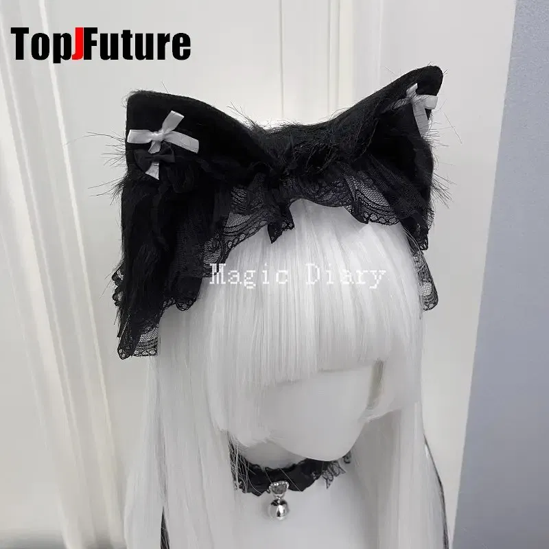 Color: WHITE, Size: One Size - Japanese Subculture Y2K Girls Cosplay Lace Ruffle Beast ear Hair band Gothic Lolita Harajuku Women's Hair hoops Hair Accessories