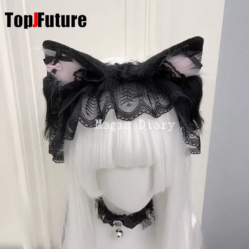 Color: WHITE, Size: One Size - Japanese Subculture Y2K Girls Cosplay Lace Ruffle Beast ear Hair band Gothic Lolita Harajuku Women's Hair hoops Hair Accessories