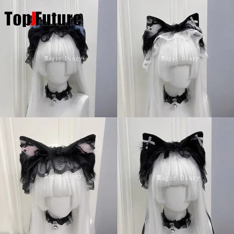 Color: WHITE, Size: One Size - Japanese Subculture Y2K Girls Cosplay Lace Ruffle Beast ear Hair band Gothic Lolita Harajuku Women's Hair hoops Hair Accessories
