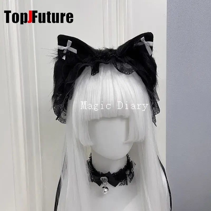 Color: WHITE, Size: One Size - Japanese Subculture Y2K Girls Cosplay Lace Ruffle Beast ear Hair band Gothic Lolita Harajuku Women's Hair hoops Hair Accessories