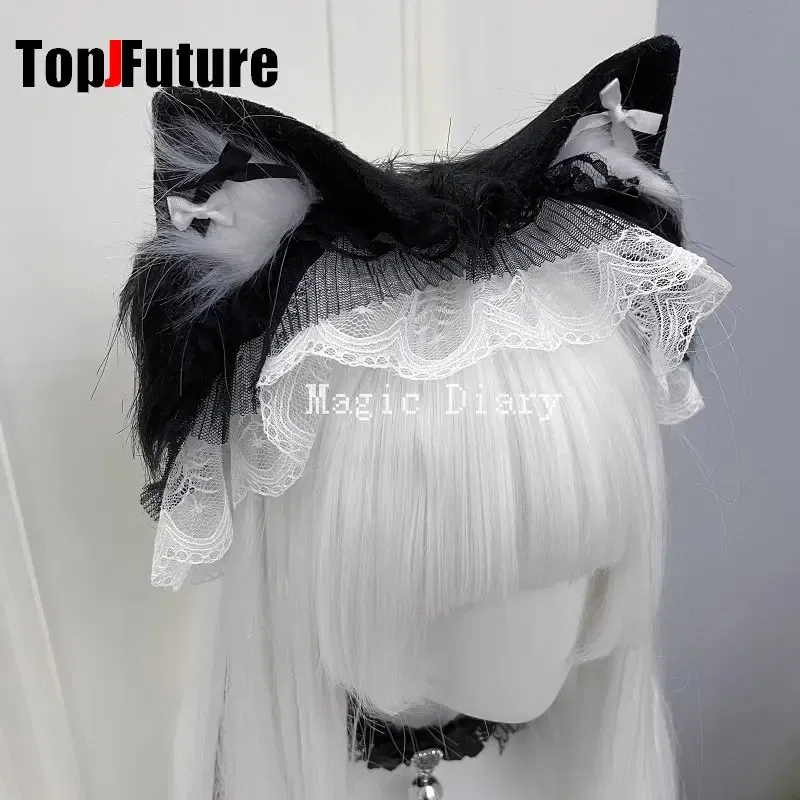 Color: WHITE, Size: One Size - Japanese Subculture Y2K Girls Cosplay Lace Ruffle Beast ear Hair band Gothic Lolita Harajuku Women's Hair hoops Hair Accessories
