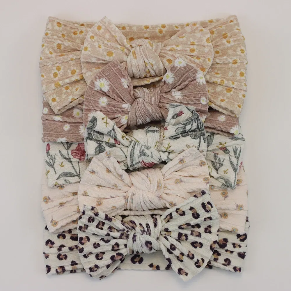 Color: green - 5pcs/Lot Cable Knit Bow Baby Headbands Elastic Nylon Baby Girl Headband For Children Turban Newborn Infant Kids Hair Accessories