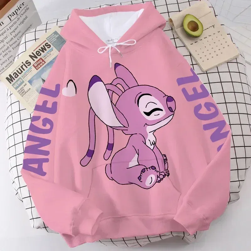 Color: Brown, Size: XXL - Disney Hoodie Fashion Stitch Angel Monster Letter Cartoon Sweatshirt Pullover Cute Harajuku Unisex Women's Pocket Top