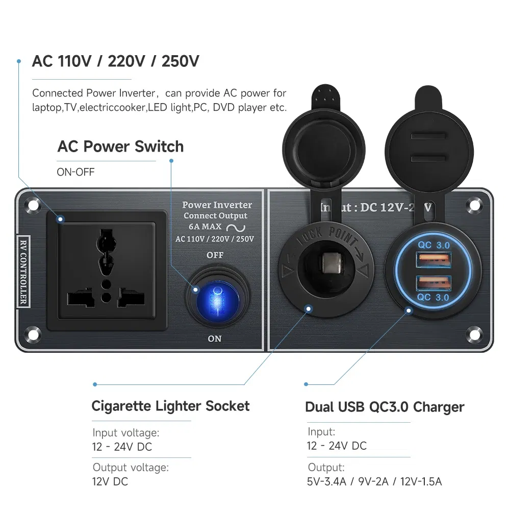 Color Name: Brown, Ships From: CHINA - Car Charger Multi-Functions Aluminum Panel Inverter AC110V 220V Dual Port USB QC3.0 12V 24V for RV Yacht Travel Trailers