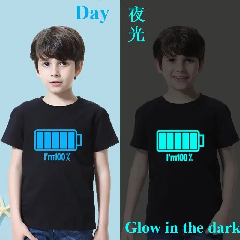 Kid Size: 3T, Color: WHITE - 2024 New Boys Luminous Battery T Shirts Summer Short Sleeve Children's Clothes Kids Glow In Dark Tees