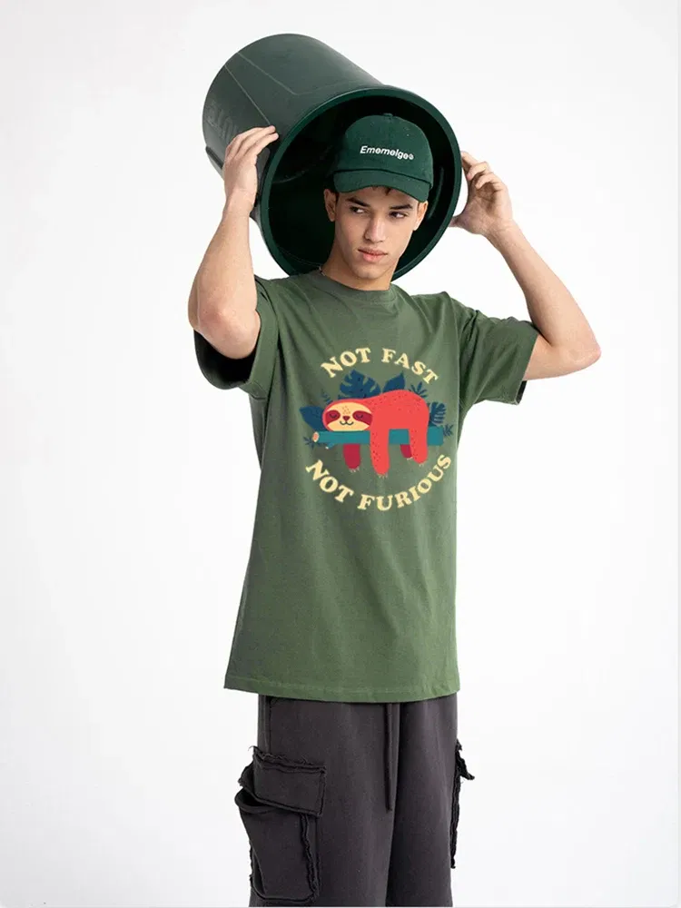 Color: army green, Size: XXL - Not Fast Not Furious Sloth Cute Print Men Tee Shirts Breathable Cotton Tops Street Fashion T-shirt Women Casual Summer T Shirts