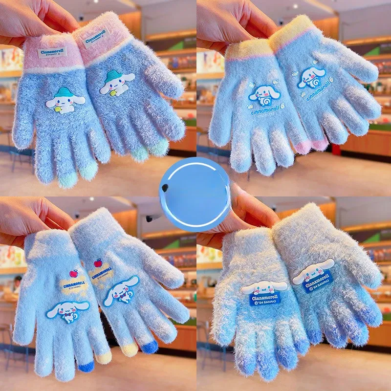 Color: Turquoise - Sanrio Gloves Kawaii My Melody Kuromi Cold-Proof Winter Finger Gloves Plush Screen Touch Warm Children Toddler Christmas Gifts