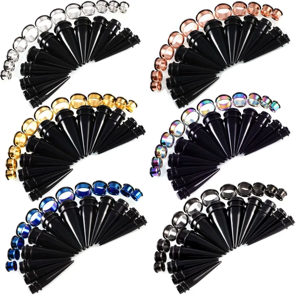 Metal color: Blue Zinc Plated - 24pcs/lot Acrylic Septum Stretching Kit Sector Expander Stainless Steel  Ear Stretching Kit 10mm to 20mm Ear Plugs and Tunnels