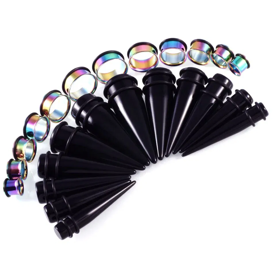 Metal color: Blue Zinc Plated - 24pcs/lot Acrylic Septum Stretching Kit Sector Expander Stainless Steel  Ear Stretching Kit 10mm to 20mm Ear Plugs and Tunnels