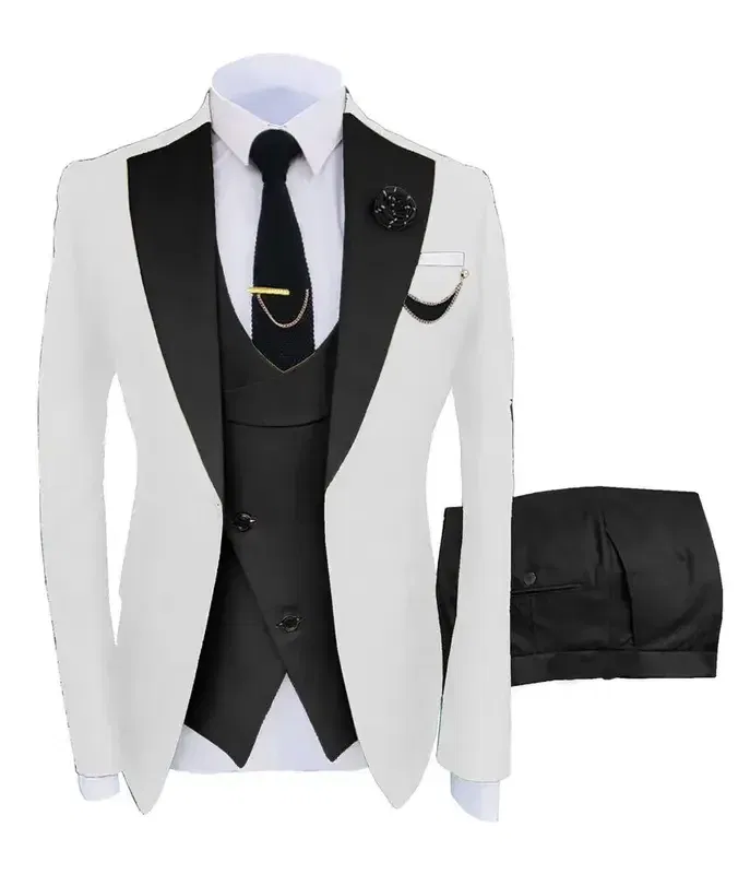 Color: Beige, Size: 4XL - 3pcs Men Coat Business Formal Slim Fit Suit Costumes Pour Homme Set Party Vest Pants Wedding Blazer Verde Hombre Terno Masculino