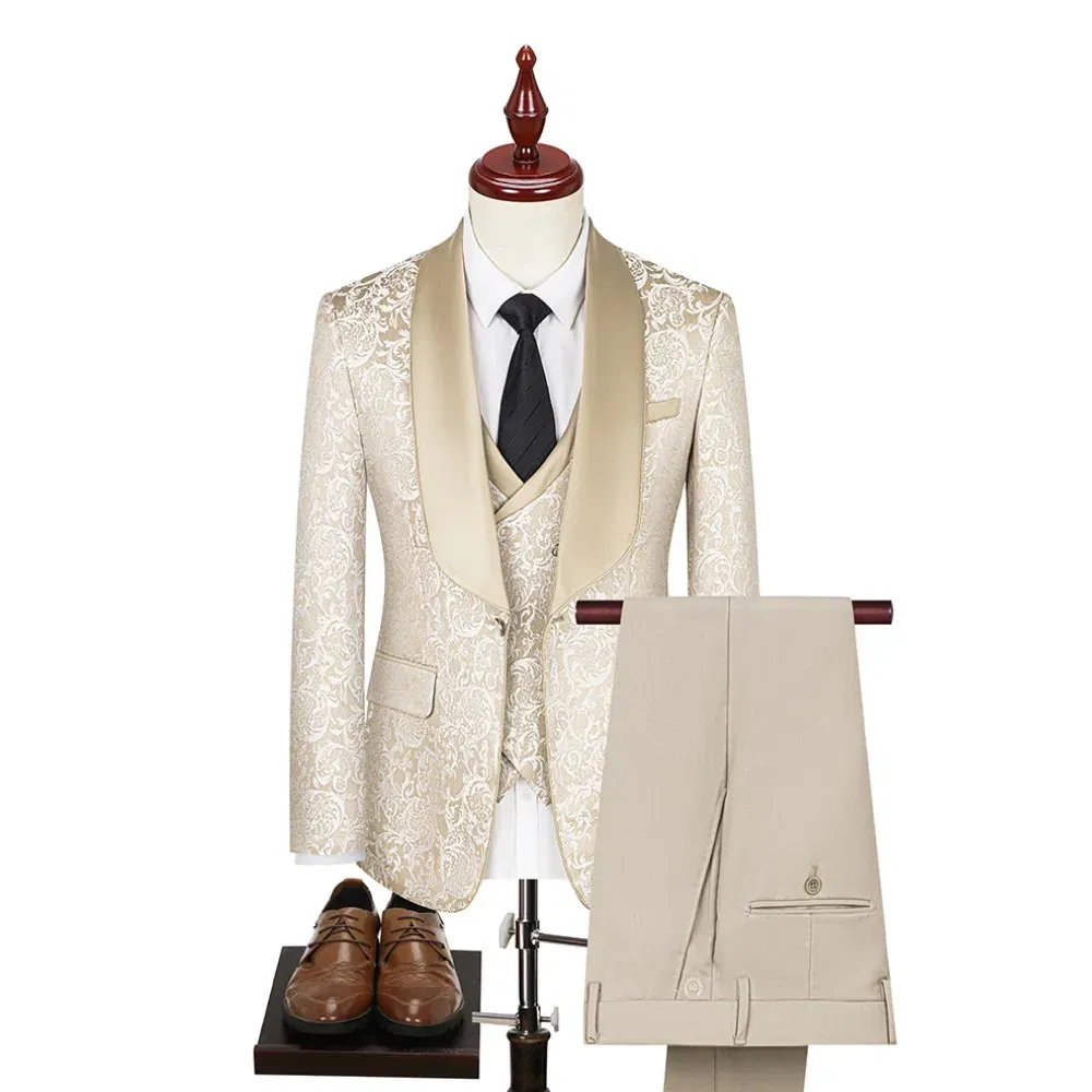 Color: Beige, Size: XXL - New fashion jacquard beige suit slim single breasted elegant formal best man suit