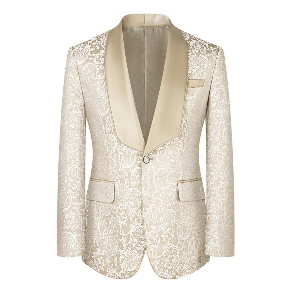 Color: Beige, Size: XXL - New fashion jacquard beige suit slim single breasted elegant formal best man suit