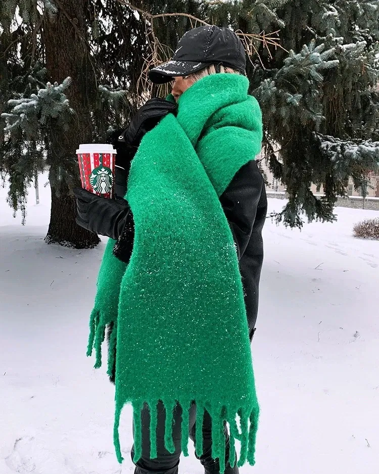 Color: green, Size: One Size - Solid Color Women Thick Shawl Scarf Winter Warm Fashion Pashmina Scarves Long Tassel Hijab Stole Bufanda Mujer