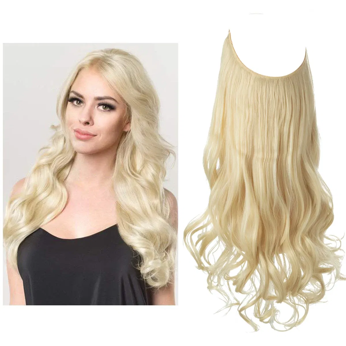 Color: #5, Stretched Length: 22INCHES - Synthetic No Clip Wave Hair Extensions Ombre Natural Black Blonde Pink One Piece False Hairpiece Fish Line Fake Hair Piece