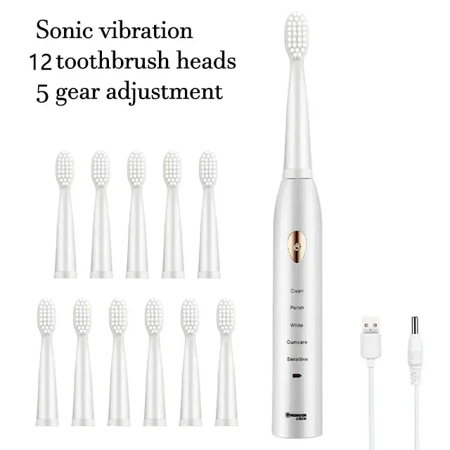 Color: transparent - Electric Toothbrush 5-gear Mode USB Charging 4 colors IPX7 Waterproof Ultrasonic Rechargeable Soft Hair Toothbrush Adult Classic