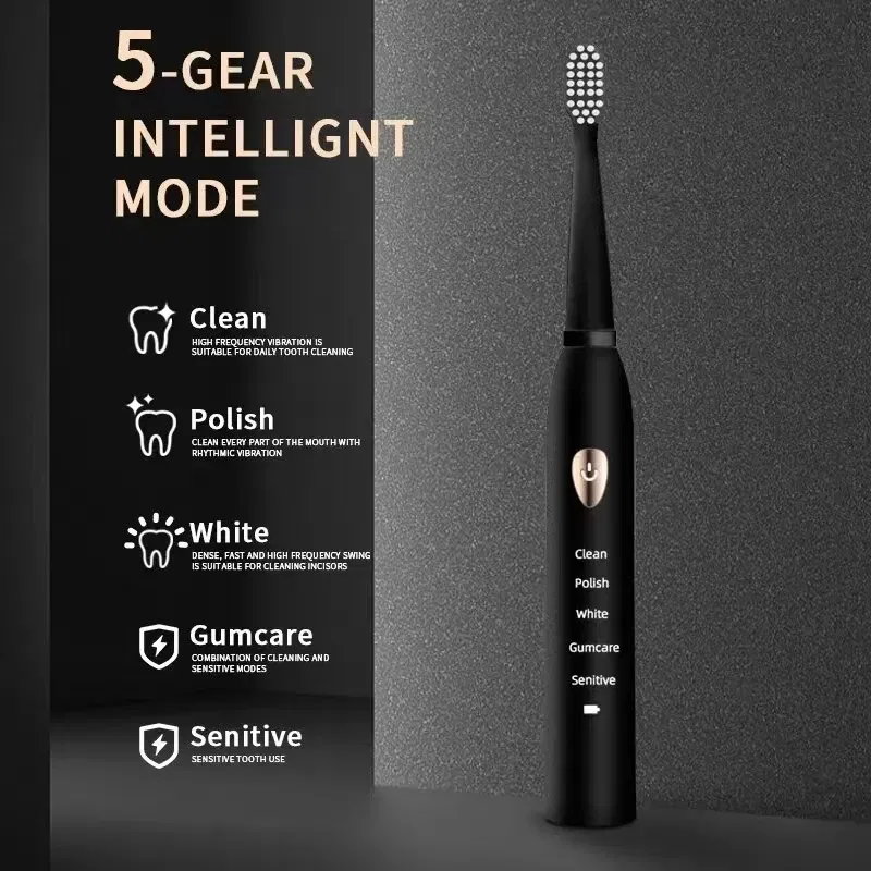 Color: transparent - Electric Toothbrush 5-gear Mode USB Charging 4 colors IPX7 Waterproof Ultrasonic Rechargeable Soft Hair Toothbrush Adult Classic