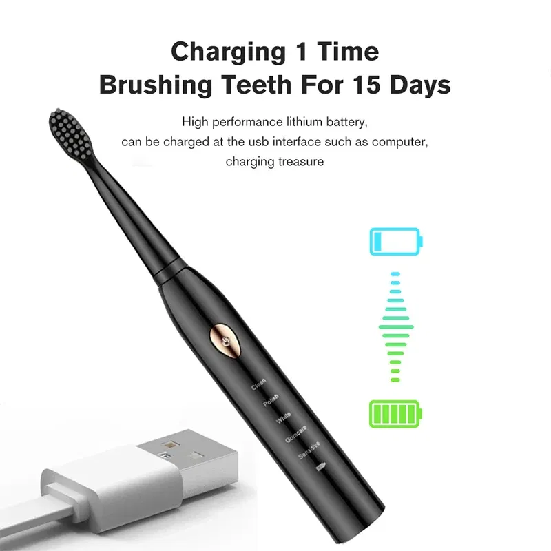 Color: transparent - Electric Toothbrush 5-gear Mode USB Charging 4 colors IPX7 Waterproof Ultrasonic Rechargeable Soft Hair Toothbrush Adult Classic