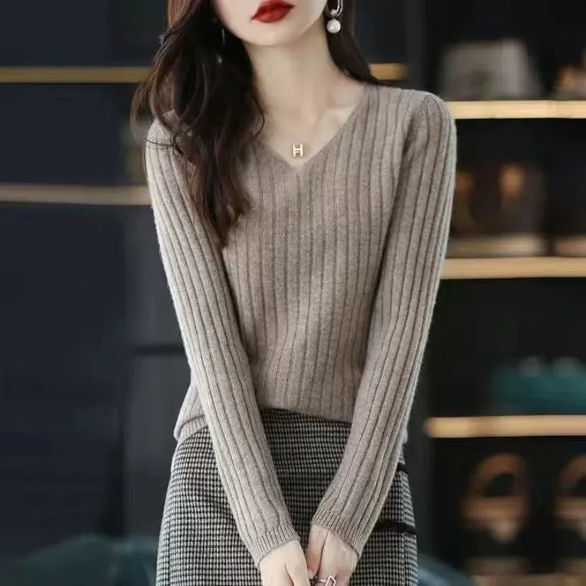 Color: Burgundy, Size: XL - Women Sweater Long Sleeve Top Knitted Pullover V-Neck Fashion Sweater Woman Winter Basic Female Clothing Soild OL Sweater DF4933